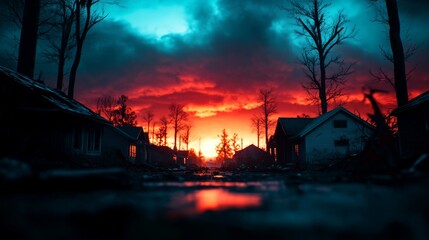 Apocalyptic landscape with destroyed homes, collapsed roofs, and fallen trees, eerie twilight glow, digital painting, moody and desaturated tones, wide-angle view.