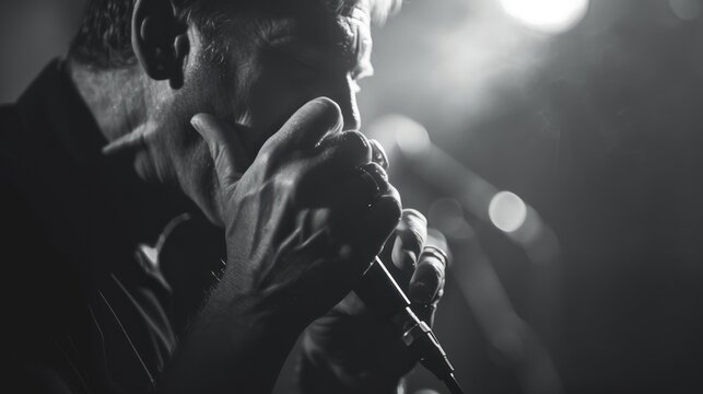 A harmonica player plays a song at a concert. AI generated images