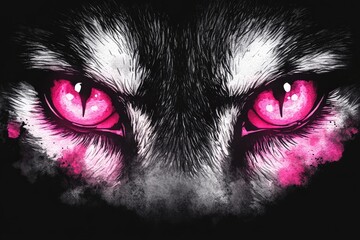 A mesmerizing gaze of a mythical wolf with striking pink eyes cast against a dark, abstract backdrop, evoking an aura of mystery and enchantment. Halloween background.