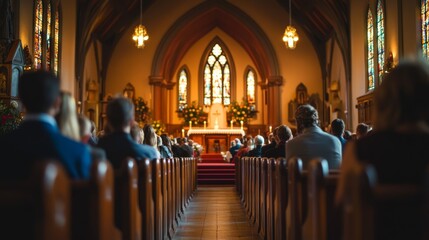Beautifully Decorated Church Interior with Congregation Attending Easter Sunday Service