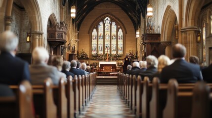 Fototapeta premium Beautifully Decorated Church Interior with Congregation Attending Easter Sunday Service