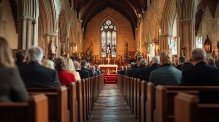 Beautifully Decorated Church Interior with Congregation Attending Easter Sunday Service