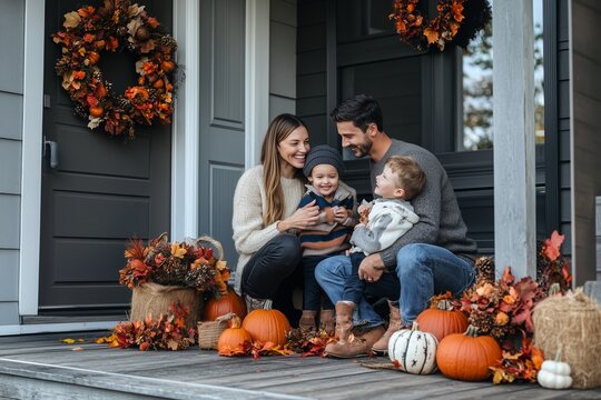 A family enjoys a cozy autumn day on their porch surrounded by pumpkins and fall decorations in a charming neighborhood