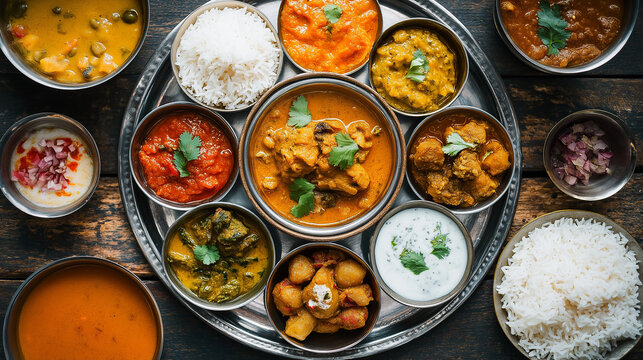 Traditional indian thali food serving on rustic wooden table background