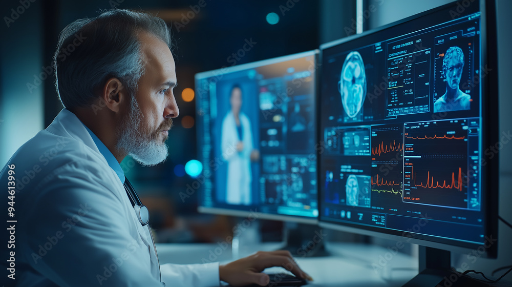 Aufkleber medical doctor is working late at night using a computer to analyze patient scans