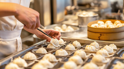 Chef arranging steamed dumplings on a metal tray in a restaurant kitchen