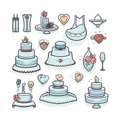 clip-art icons for a wedding, wedding cake, bride, groom