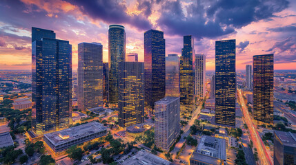 Houston downtown skyline illuminating during beautiful sunset in texas usa