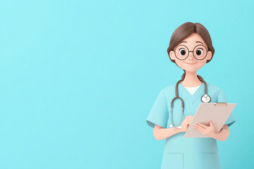 A cheerful cartoon nurse holding a clipboard, wearing scrubs and a stethoscope against a calm blue background.