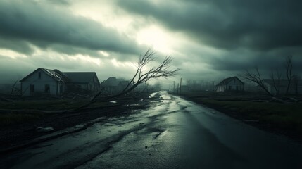 Obraz premium Devastated townscape with fallen trees, crumbled houses, debris scattered across streets, dark skies, post-apocalyptic, watercolor, muted colors, soft yet haunting.
