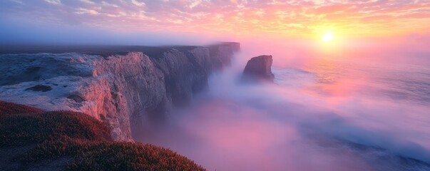 Fototapeta premium Awe-inspiring, dramatic coastal cliffs, crashing waves, high quality, photorealistic, wild, panoramic, breathtaking::0.8 sea stacks, hidden caves, coastal hiking trails, lighthouse, mist, vibrant