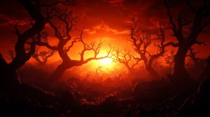 Forest disaster scene with shattered homes among uprooted trees, digital painting, high contrast, dramatic lighting, emphasizing nature's destructive power.