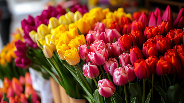 Fresh colorful tulips bouquets for sale at flower market - Powered by Adobe