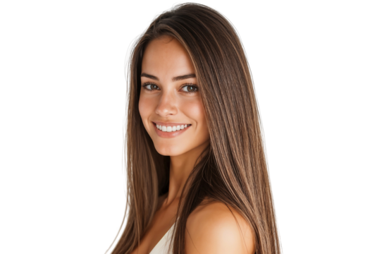 Portrait of a beautiful, smiling woman with long brunette hair, isolated on a transparent, cut-out background