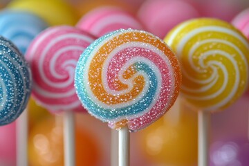 Bold and vibrant pop art lollipop, colorful swirls, dynamic composition, sugary delight::1.2 candy stick, sweet treat, candy store, childhood nostalgia, vibrant flavors