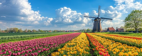 Captivating, tulip fields in full bloom, vibrant colors, high quality, photorealistic, idyllic, scenic, panoramic, breathtaking::0.7 windmills, wooden clogs, rural landscape, blue skies, floral