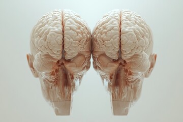 3D rendering of two human skulls with glowing brain connections symbolizing the deep intellectual bond and the fusion of thought and identity in a close relationship