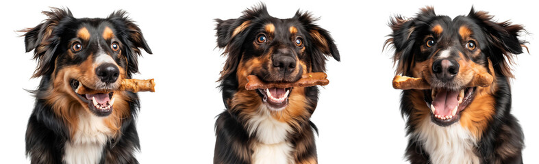 Fototapeta premium Set of three Australian Shepherd dogs eating bones, isolated on transparent background, cut out