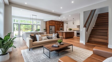 Fototapeta premium Farmhouse home interior design of modern living room with wooden staircase