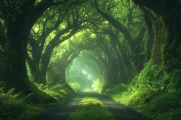 Enchanting, mist-covered forest, mystical ambiance, high quality, photorealistic, serene, ethereal, scenic, panoramic, breathtaking::1.2 mossy trees, hidden creatures, gentle fog, tranquility,
