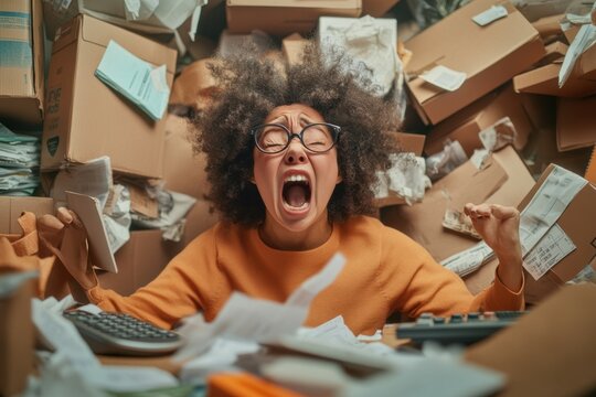 Girl expresses extreme stress amid a chaotic mess of receipts and shipping boxes while using a calculator at home.