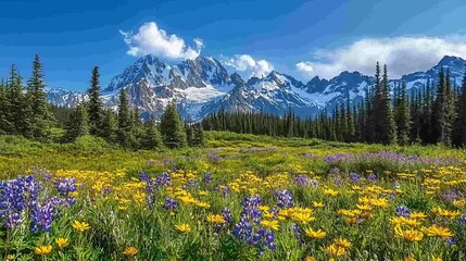 Naklejka premium Majestic, snow-capped peaks, alpine meadows, untouched wilderness, high quality, photorealistic, serene, panoramic, breathtaking::1.2 mountaineering, hiking trail, wildflowers, glaciers, fresh