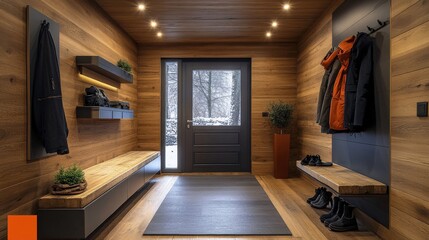 Naklejka premium Interior stylish modern wooden entrance hallway decor with cozy wooden tone, contemporary home with furniture desk, stand and shoe bench