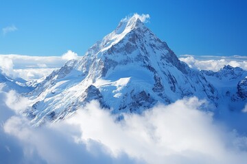 Fototapeta premium Majestic, snow-covered peak piercing through the clouds, alpine beauty, high quality, photorealistic, panoramic, breathtaking::1.2 mountaineering, hiking trail, fresh mountain air, untouched
