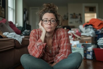 Mother of two sitting on the floor in her living room, showing stress amidst household chaos during midday with bright indoor lighting.