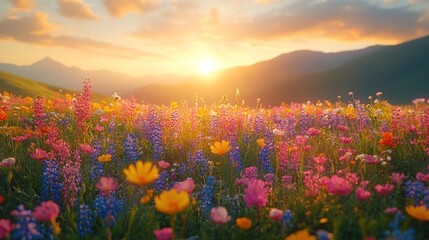 Naklejka premium Colorful Wildflowers Field at Sunset