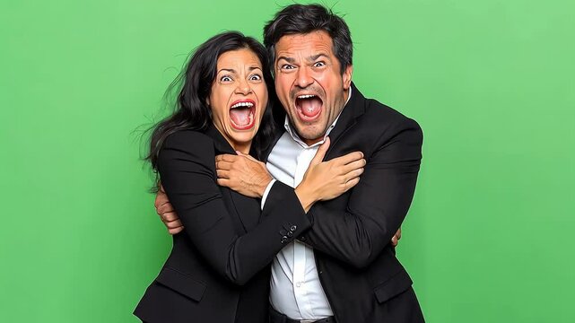 Humorous business couple hugging and panicking against a green chroma background