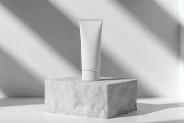Elegant white hand cream packaging mockup displayed with a minimalist stone background in soft lighting for an e-commerce product showcase.