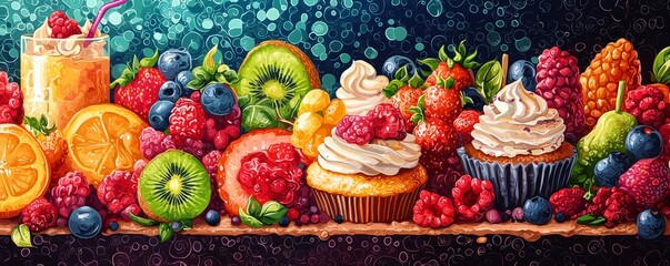 Fototapeta premium Playful and colorful pop art food illustrations, vibrant fruits, delicious desserts, mouthwatering dishes, whimsical table settings::0.9 ice cream cones, pizza slices, hamburgers, cupcakes,