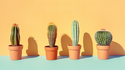 Four different cacti in terracotta pots on a split-tone background of yellow and blue, showcasing their distinct shapes and textures in an organized row.