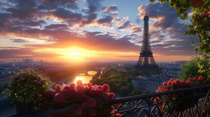 Beautiful sunset of the Eiffel tower seen from a balcony