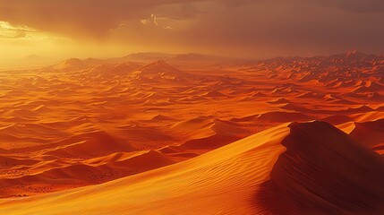 Sand dunes, desert landscape, golden, textured, serene, vast, panoramic,
