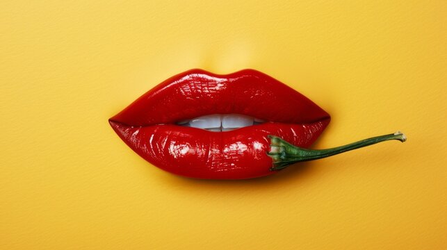 Artistic image featuring vibrant red lips gently holding a green chili against a bold yellow background, showcasing a blend of sensuality, spice, and striking colors.