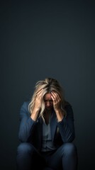 A stressed woman in business attire expressing anxiety and frustration while holding her head against a dark background during a challenging moment.