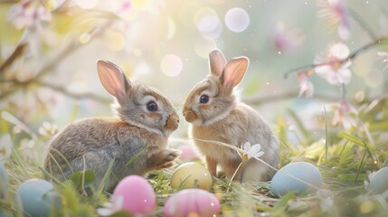 This image captures two cute bunnies in a grassy area, surrounded by colorful Easter eggs, with a soft focus background filled with glowing light and flowers.
