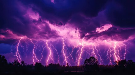 Lightning strikes illuminate the night sky over a dark landscape