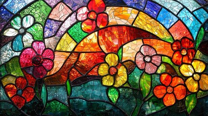 Stained glass, vibrant, colorful, intricate, mosaic, translucent,
