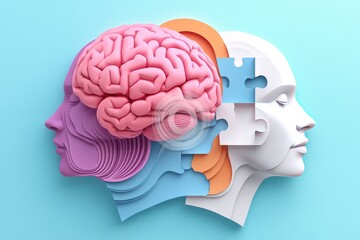 3D illustration of a multi layered head with a puzzle piece brain symbolizing the complex layers of thought identity and the ongoing process of self discovery