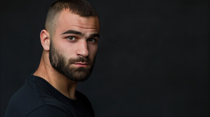 Fototapeta premium Portrait of a muscular young man with a crew cut, wearing a black shirt, gazing intensely against a dark background