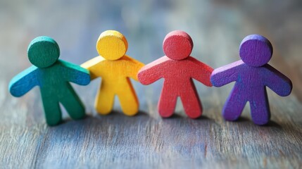Colorful wooden figures holding hands on a wooden surface in daylight