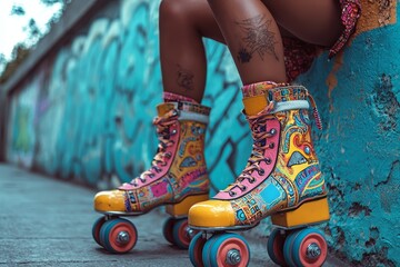 Vibrant and energetic pop art roller skates, bold design, colorful patterns, dynamic composition::1.4 wheels, laces, skating tricks, retro fashion, roller disco