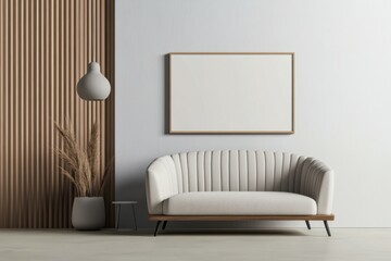 Ultra realistic empty frame mockup in a stylish Nordic living room with cinematic lighting and elegant furniture.