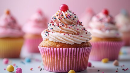 Whimsical and colorful pop art cupcake, vibrant frosting, playful decorations, dynamic composition::1.5 sprinkles, cherry on top, cupcake liner, bakery delight, sweet indulgence