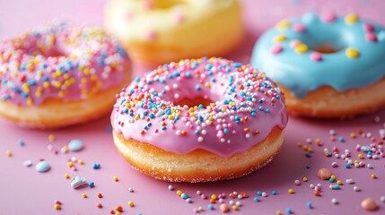 Whimsical and colorful pop art donut, vibrant frosting, playful decorations, dynamic composition::1.2 sprinkles, chocolate glaze, sweet indulgence, delicious treat, bakery delight