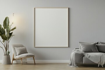 Fototapeta premium An empty frame mockup showcased in an elegant Nordic living room with soft cinematic lighting illuminating the minimalist design and cozy atmosphere.