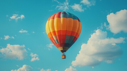 Naklejka premium Whimsical and colorful pop art hot air balloon, vibrant patterns, playful composition, floating adventure::1.6 wicker basket, blue sky, cloud scenery, aerial view, dreamlike journey